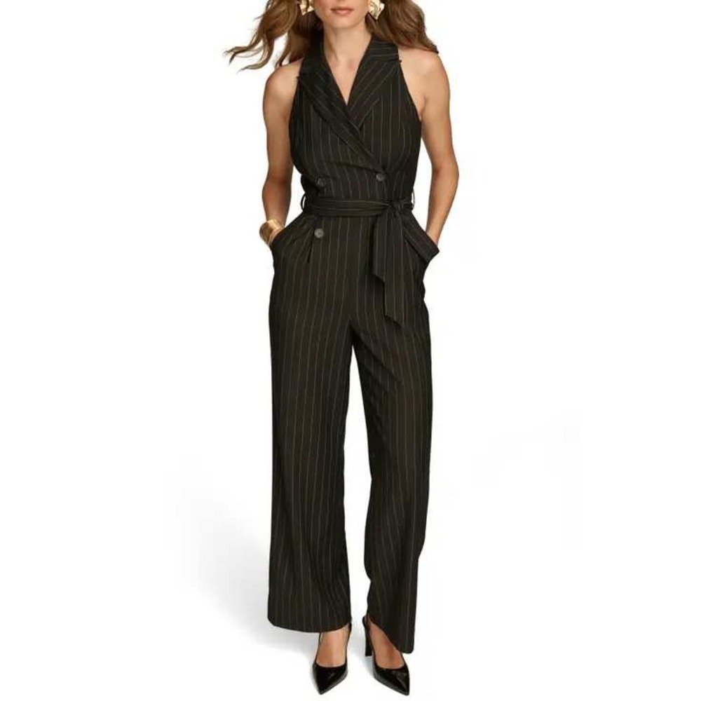 Donna Karan New York Pinstripe Belted Sleeveless Jumpsuit Black Wide Leg 16